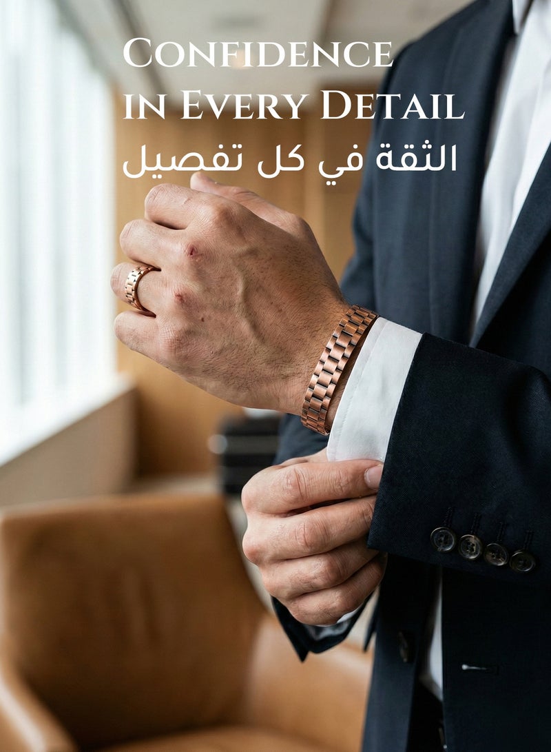 فوريكاسا طقم سوار كفة وخاتم مغناطيسي من النحاس الخالص للرجال – 18 مغناطيس مدمج – نحاس بنسبة 99.99% – دعم التوازن المغناطيسي الوظيفي - Image 3